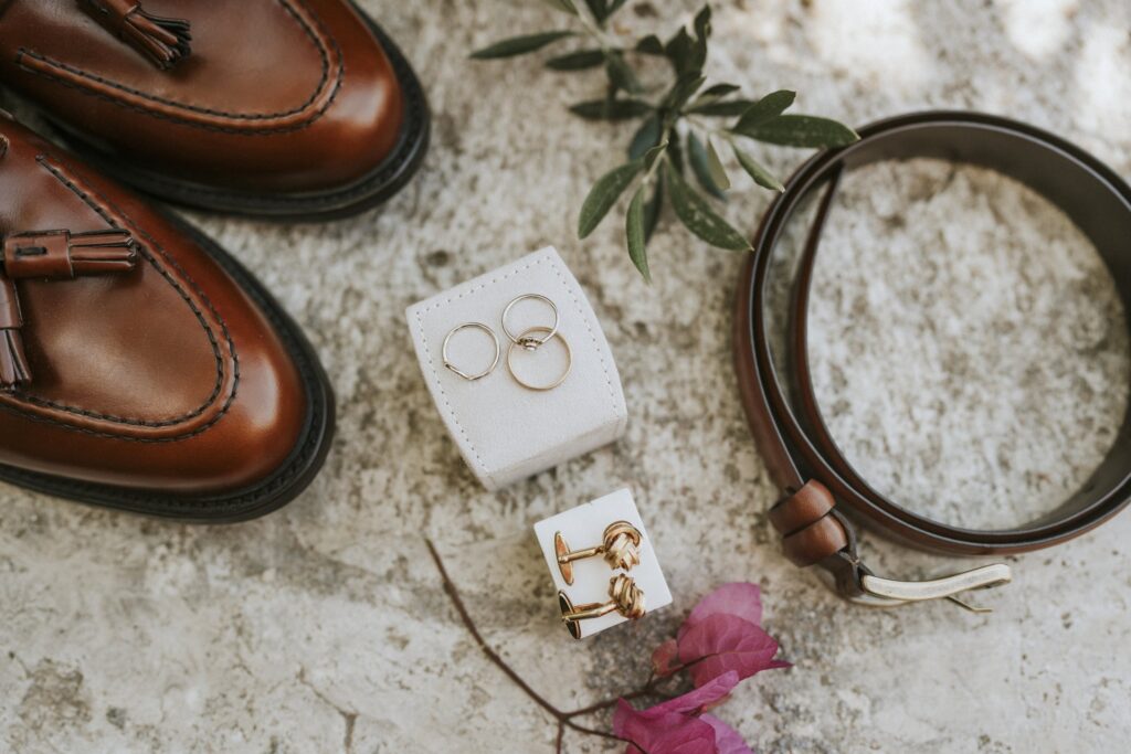The wedding rings, Jodie's earrings & Michael's shoes and belt. | Esthesis Events The wedding rings, Jodie's earrings & Michael's shoes and belt. | Esthesis Events