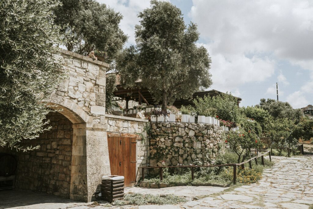 The rustic landscape of Agreco Farm in Crete featuring olive groves. | Esthesis Events The rustic landscape of Agreco Farm in Crete featuring olive groves. | Esthesis Events