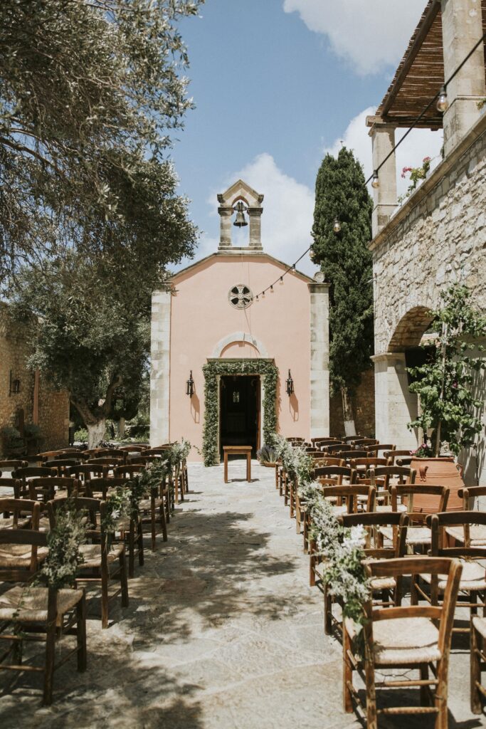 The traditional church and wedding reception setup at Agreco Farm. | Esthesis Events The traditional church and wedding reception setup at Agreco Farm. | Esthesis Events