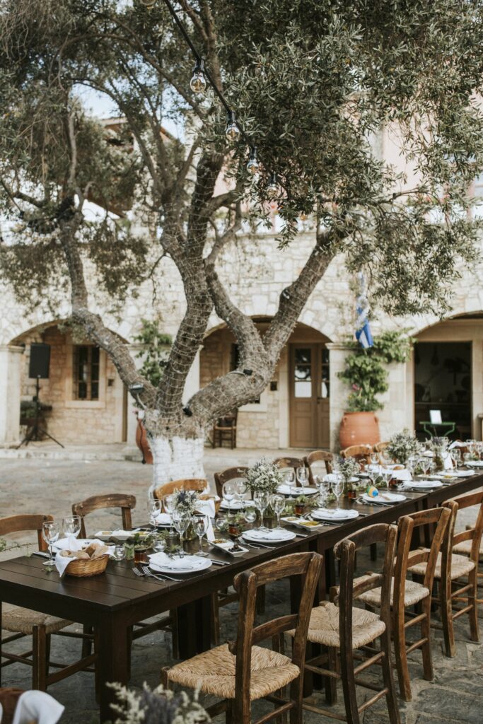An outdoor destination wedding reception featuring a dinner table under the olive canopy at Agreco Farm. | Esthesis Events An outdoor destination wedding reception featuring a dinner table under the olive canopy at Agreco Farm. | Esthesis Events