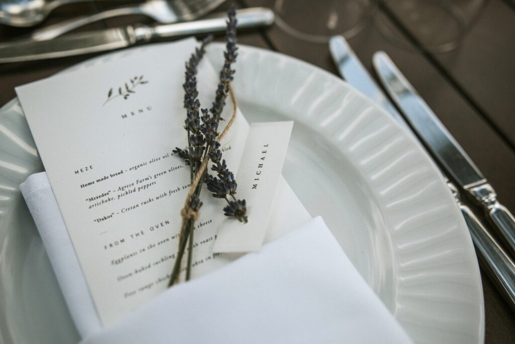 Wedding menu on a reception plate at Agreco Farm. | Esthesis Events Wedding menu on a reception plate at Agreco Farm. | Esthesis Events