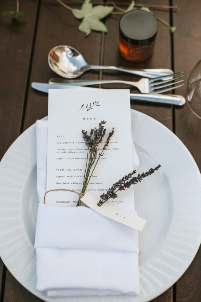 Wedding tablescape with menu, flowers and favors at Agreco Farm. | Esthesis Events Wedding tablescape with menu, flowers and favors at Agreco Farm. | Esthesis Events