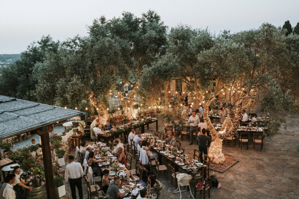 Outdoor wedding reception feast setup at Agreco Farm. | Esthesis Events Outdoor wedding reception feast setup at Agreco Farm. | Esthesis Events