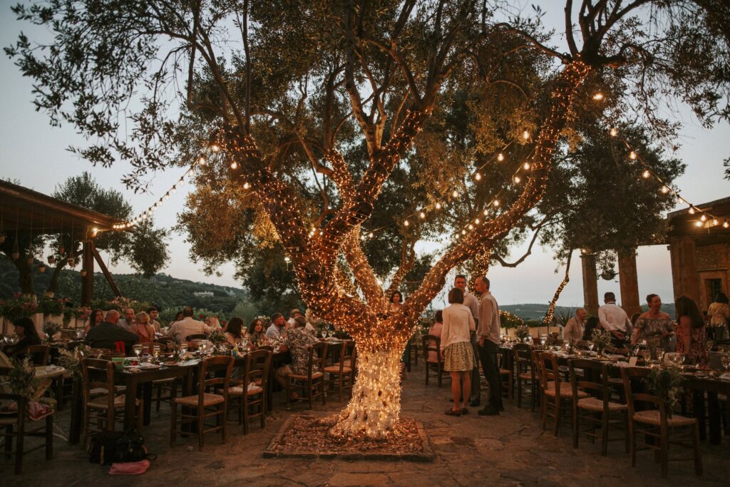Large decorated olive tree at the wedding reception. | Esthesis Events Large decorated olive tree at the wedding reception. | Esthesis Events